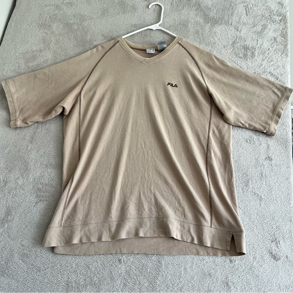 Vintage Fila T-Shirt Mens Large Pullover V Neck Short Sleeve Casual Beige Cotton